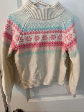 Girl’s Cream Fair Isle Pullover Sweater with Pink & Mint Pattern